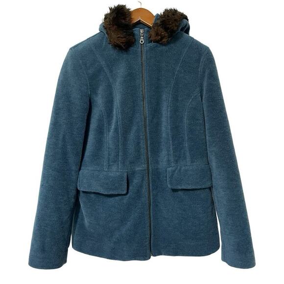 VTG LL Bean Wool Blend Hooded Fur Trim Full Zip Jacket Size M Blue Outdoors - Picture 1 of 11